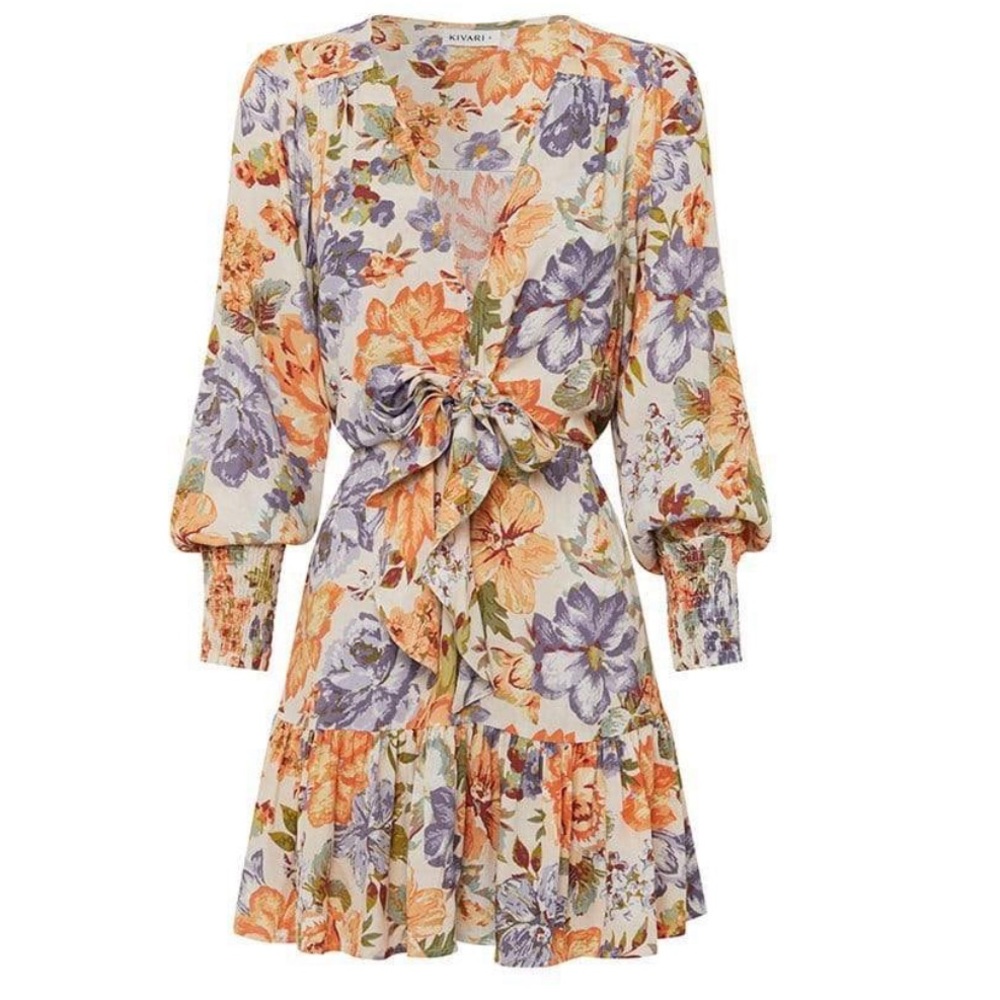 Kivari Cream Floral Mini Dress with Orange & Purple Blooms - Picture 2 of 11